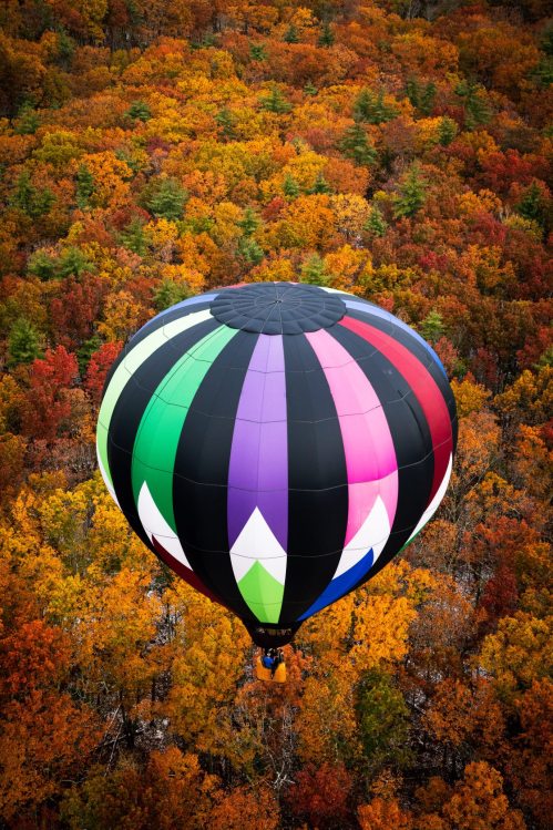 A colorful hot air balloon floats above a vibrant autumn forest with orange, red, and green foliage.