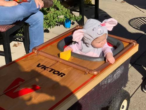 A baby in an elephant hat sits in a toy cart resembling a mouse trap, surrounded by people outdoors.