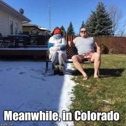 A person in shorts sits on a lawn next to a snow-covered area, while a snowman in winter gear sits beside them.