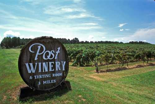 Sign for Post Winery and Tasting Room, with a vineyard in the background under a clear blue sky.