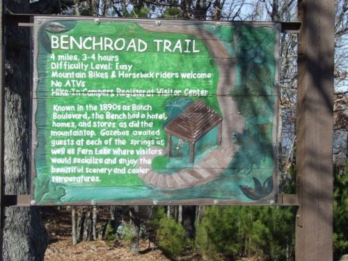 Sign for Benchroad Trail, detailing distance, difficulty, and historical context about the area and its amenities.
