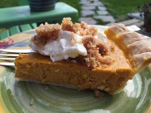 A slice of pumpkin pie topped with whipped cream and crumbled topping, served on a colorful plate outdoors.