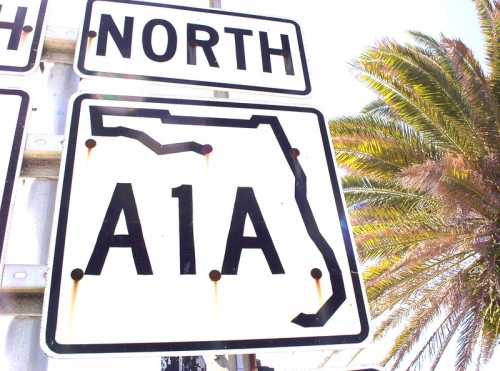 Sign indicating "North A1A" with a map outline of Florida, surrounded by palm trees.