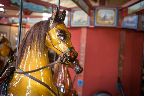 Close-up of a shiny, vintage carousel horse with a detailed mane and saddle, set against a colorful background.