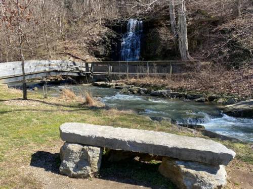 A stone bench overlooks a flowing stream and a small waterfall, surrounded by bare trees and grassy areas.