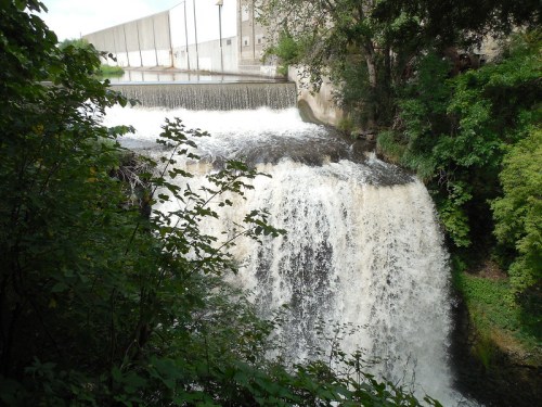 A waterfall cascading over rocks, surrounded by lush greenery, with a dam visible in the background.