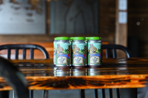 Three cans of "Pop Up Poker IPA" on a wooden table in a rustic setting.