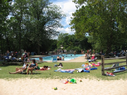 A sunny pool area with people relaxing on the grass, swimming, and enjoying the outdoors surrounded by trees.