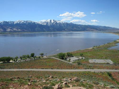 A scenic view of a lake surrounded by mountains and greenery under a clear blue sky.