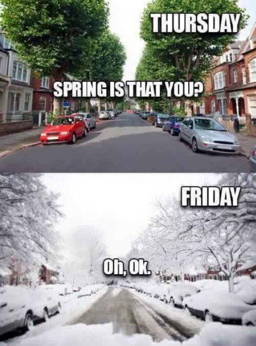 A split image showing a sunny street labeled "Thursday" and a snowy street labeled "Friday," highlighting weather changes.