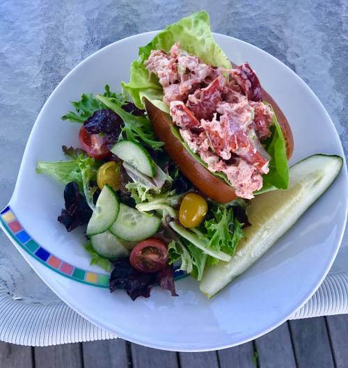 A plate with a lobster roll on lettuce, accompanied by a fresh salad with cucumbers and cherry tomatoes.