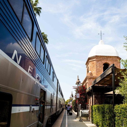 A train at a station next to a brick building with a white dome, surrounded by palm trees and greenery.