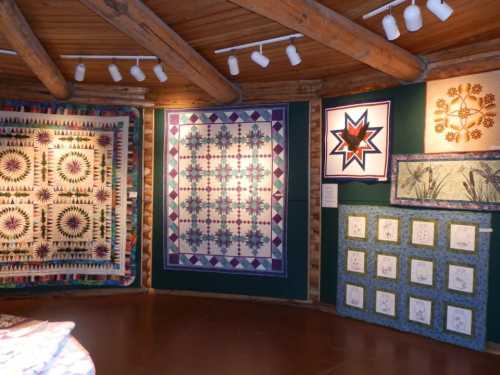 A cozy gallery displaying colorful quilts and textile art on wooden walls, showcasing intricate patterns and designs.