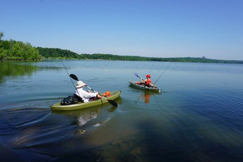 Two kayakers fishing on a calm lake surrounded by greenery under a clear blue sky.