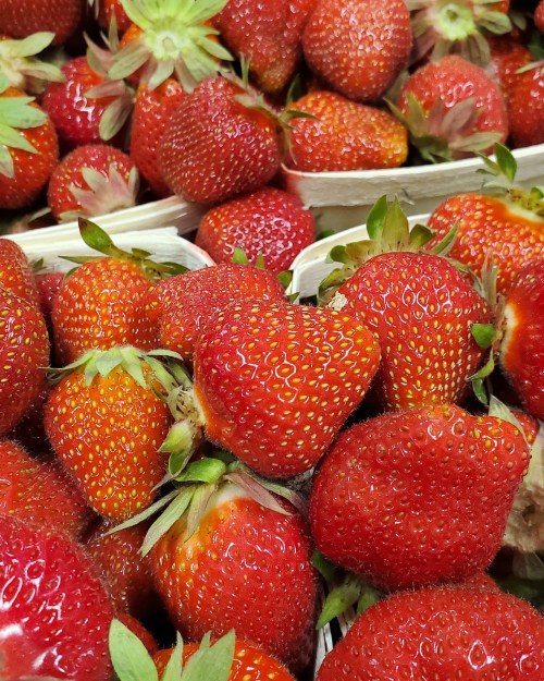 A close-up of fresh, ripe strawberries piled together, showcasing their vibrant red color and green leaves.