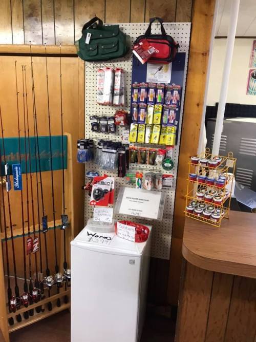 A display of fishing gear and supplies on a wall, featuring rods, tackle boxes, and various fishing accessories.