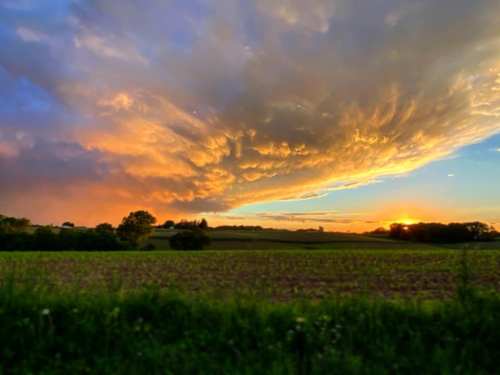 A vibrant sunset over a field, with dramatic clouds and a colorful sky transitioning from orange to blue.