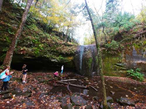 A serene waterfall cascades over rocks, surrounded by trees and autumn foliage, with people exploring nearby.