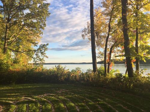 A serene lakeside view with trees and colorful foliage under a partly cloudy sky.
