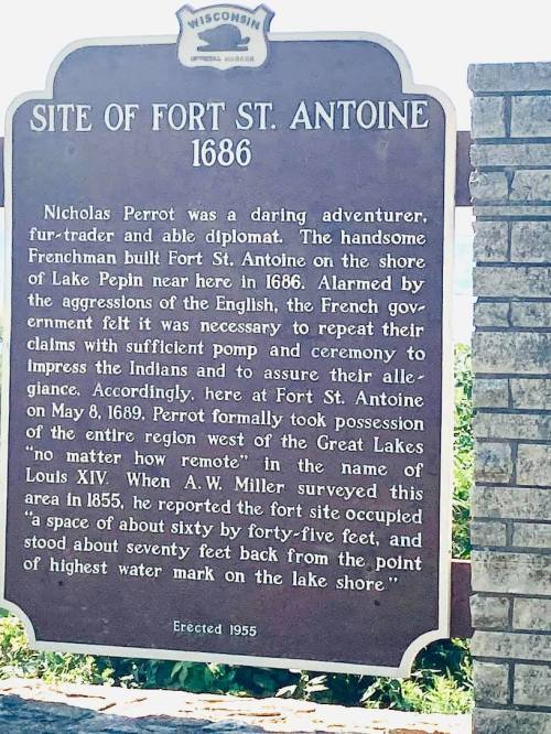 Sign marking the site of Fort St. Antoine, established in 1686, detailing its historical significance and surveying information.