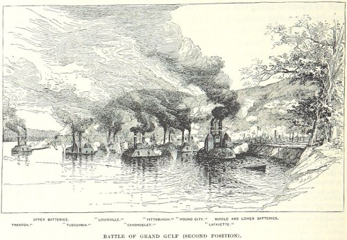 Illustration of the Battle of Grand Gulf, featuring warships and smoke rising from cannons on a river.