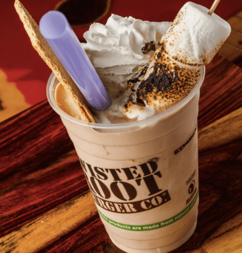 A decadent milkshake topped with whipped cream, a toasted marshmallow, and a graham cracker, served in a clear cup.