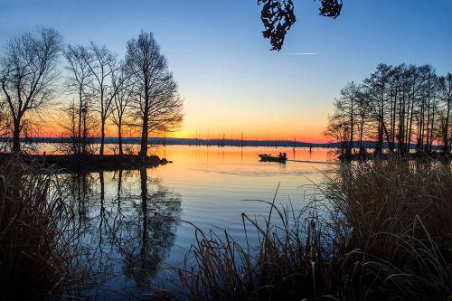 A serene lake at sunset, with silhouetted trees and a small boat gliding across the calm water.
