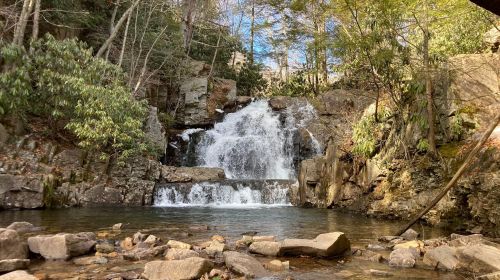 A serene waterfall cascades over rocks into a calm pool, surrounded by lush greenery and trees.