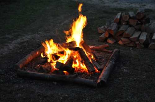 A campfire burns brightly in a circular arrangement of logs, with a stack of firewood nearby on the ground.