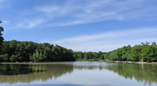 A serene lake surrounded by lush green trees under a clear blue sky. Reflections shimmer on the water's surface.
