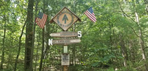 A wooden trail sign in a forest, featuring directional arrows and American flags, indicating various trail routes.