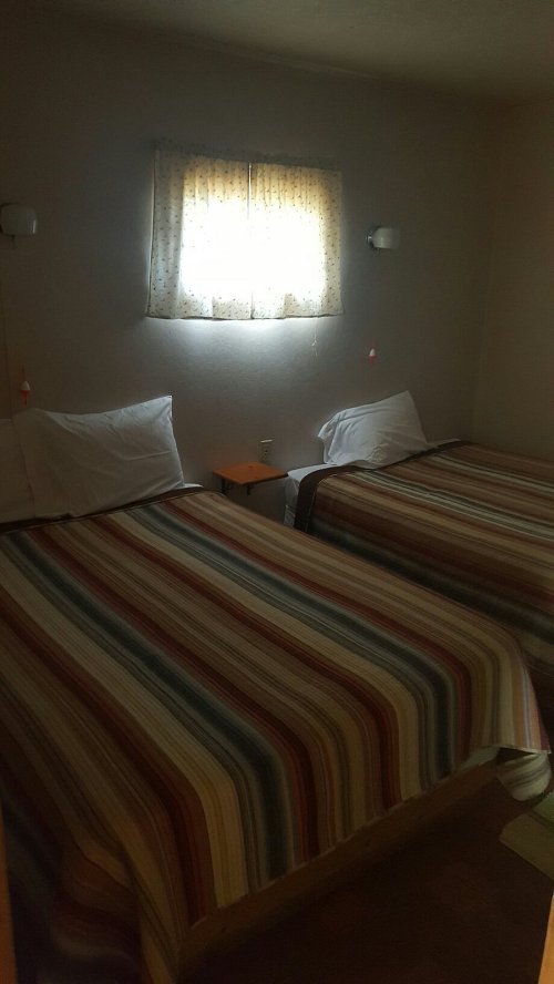 A cozy room with two beds, each covered in striped blankets, and a window letting in soft light.