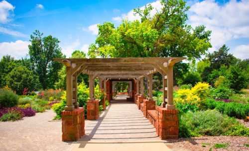 A scenic garden pathway with wooden arches, surrounded by vibrant flowers and lush greenery under a blue sky.