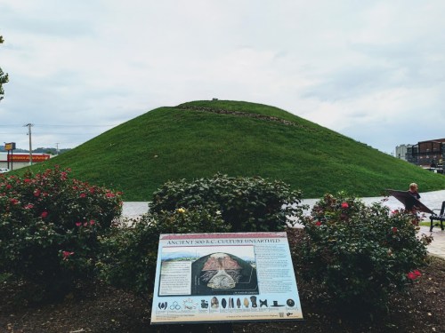 A grassy mound with a historical sign in the foreground, surrounded by flowers and a cloudy sky.