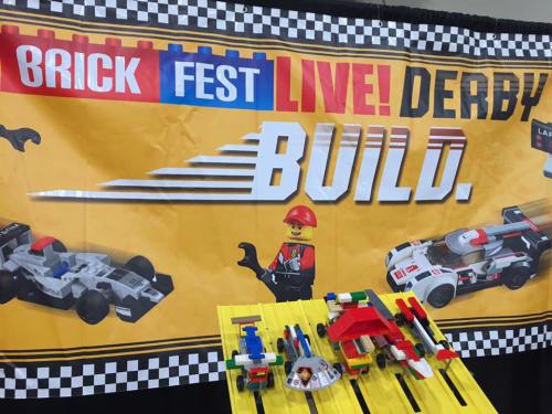 A colorful banner for Brick Fest Live! Derby featuring LEGO cars and a build area with various LEGO creations.