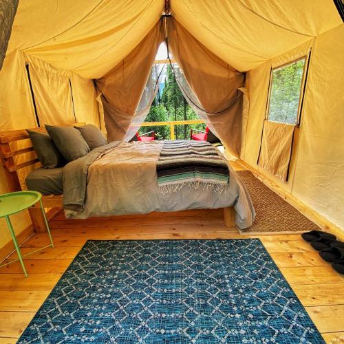 Cozy glamping tent interior with a bed, green chair, and patterned rug, surrounded by nature.