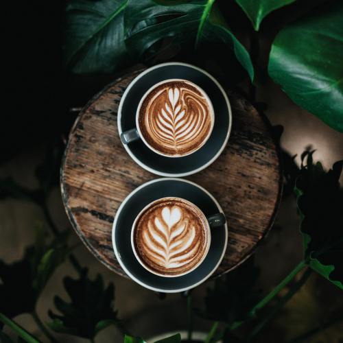 Two cups of latte art on a wooden table, surrounded by lush green leaves.