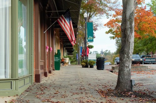 A tree-lined sidewalk with storefronts, an American flag, and autumn leaves scattered on the ground.
