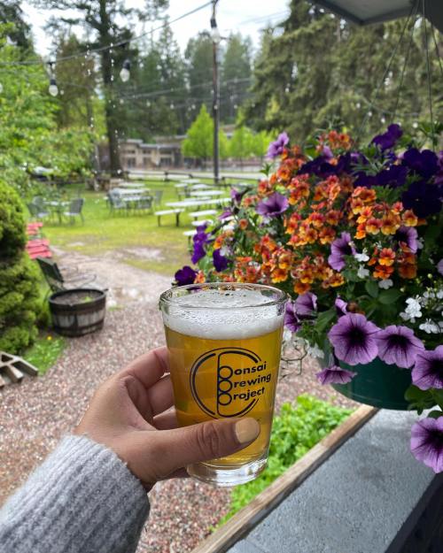A hand holds a glass of beer in front of a vibrant garden with flowers and picnic tables in the background.