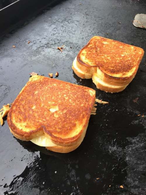 Two golden-brown grilled cheese sandwiches cooking on a griddle.