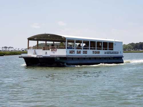 A covered boat with seating glides through calm waters on a sunny day.