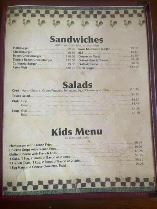 Menu featuring sandwiches, salads, and a kids' menu with prices listed for each item.