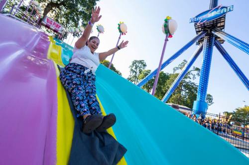 A person joyfully sliding down a colorful slide at an amusement park, with rides and trees in the background.