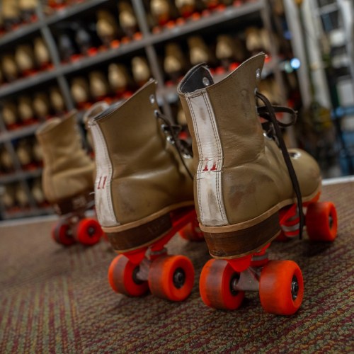A close-up of vintage roller skates with orange wheels, lined up on a patterned carpet.