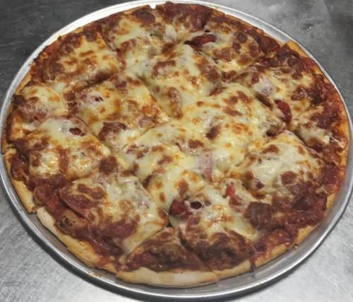 A round pizza topped with melted cheese, pepperoni, and a rich tomato sauce, sliced into equal pieces.