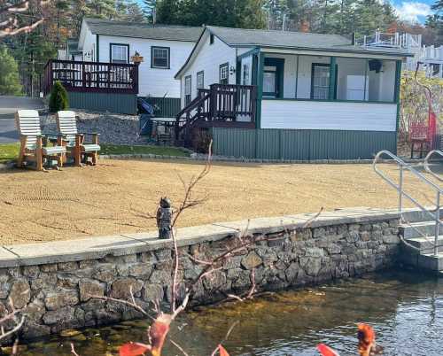 A lakeside view of two white cottages with green trim, surrounded by a sandy area and a stone wall by the water.