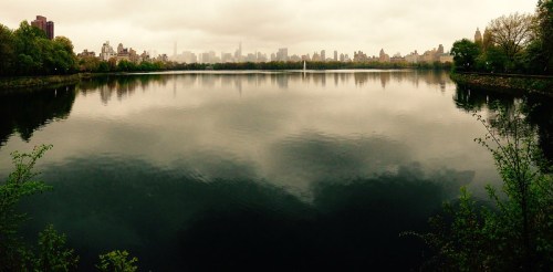 A tranquil lake reflects a cloudy skyline with trees lining the shore, creating a serene urban landscape.