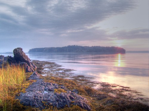 Serene coastal scene at sunrise, featuring calm waters, rocky shore, and distant island under a cloudy sky.