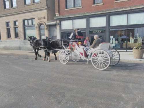 A horse-drawn carriage with passengers waits on a city street near brick buildings.