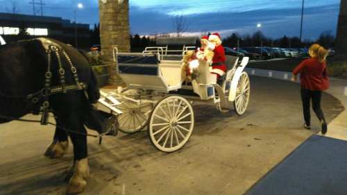 A horse-drawn carriage with Santa and a teddy bear, parked outside as a person walks by at dusk.